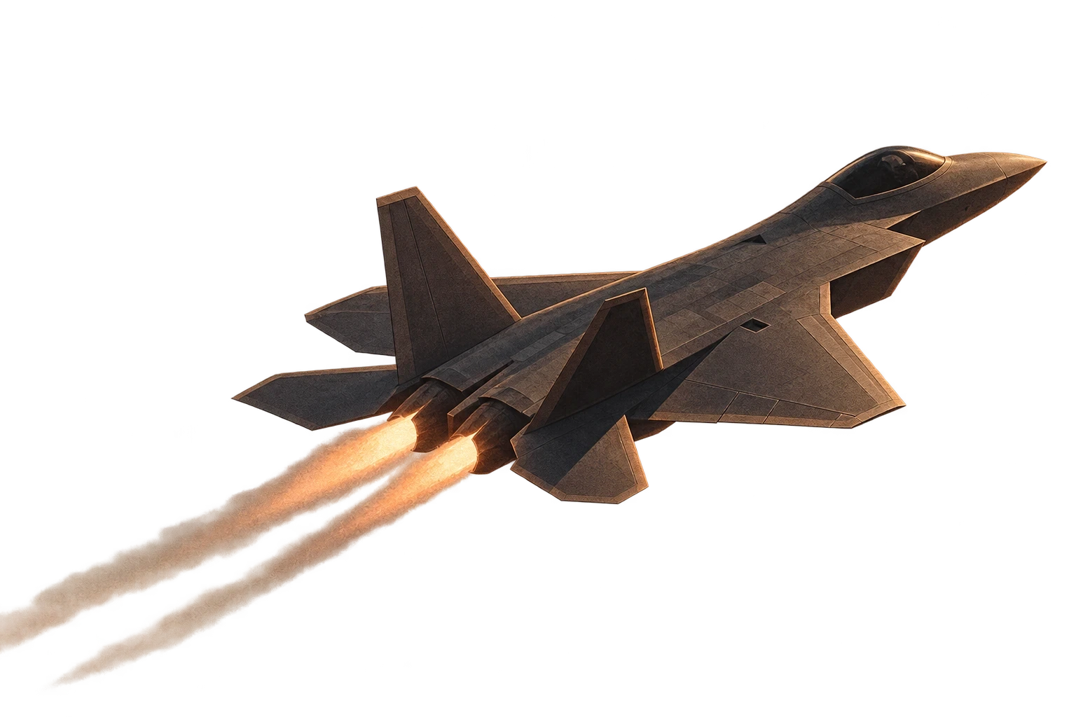 A fighter jet climbing away to the right, afterburners lit, trailing a long plume behind it